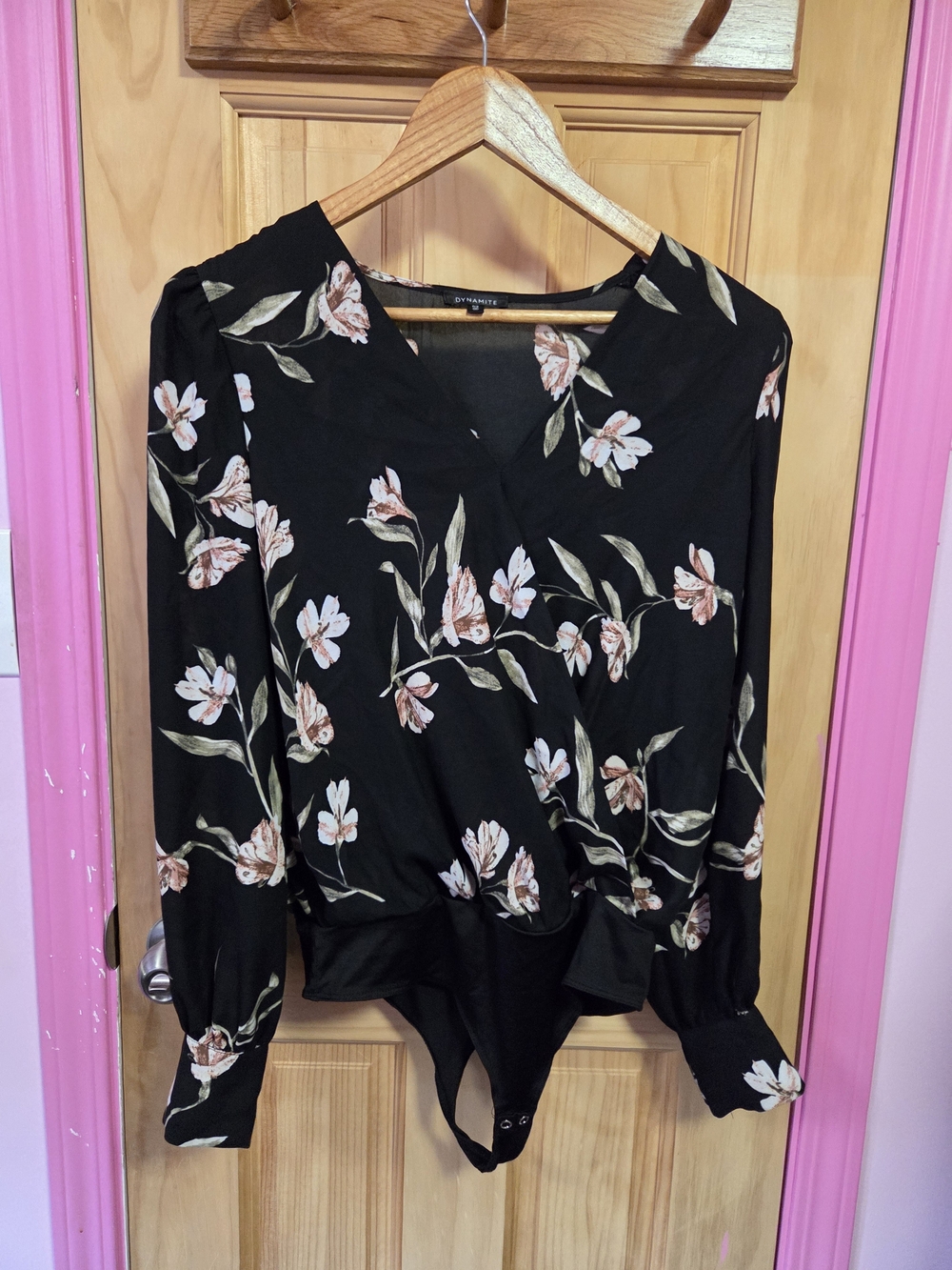 Dynamite Black Floral Wrap Bodysuit with Cream & Tan Blooms